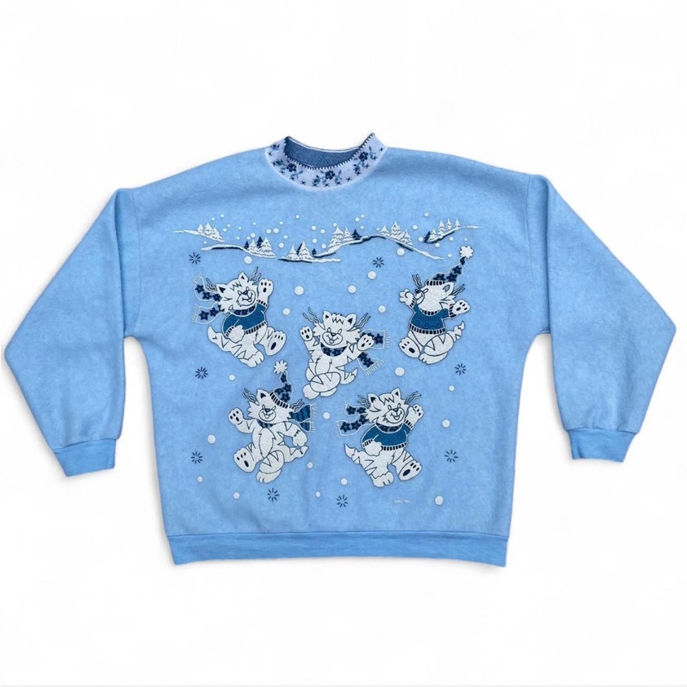 Vintage Christmas Winter Theme Cat Ugly Sweatshirt Grannycore Size S-M